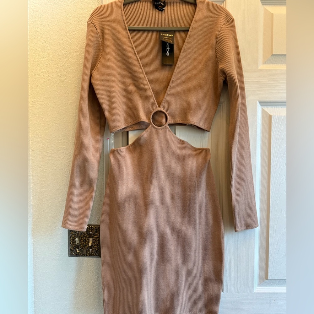 Brand New Bebe Beige Ribbed Knit Cutout Knit Long Sleeve Mini Dress - Size XL
